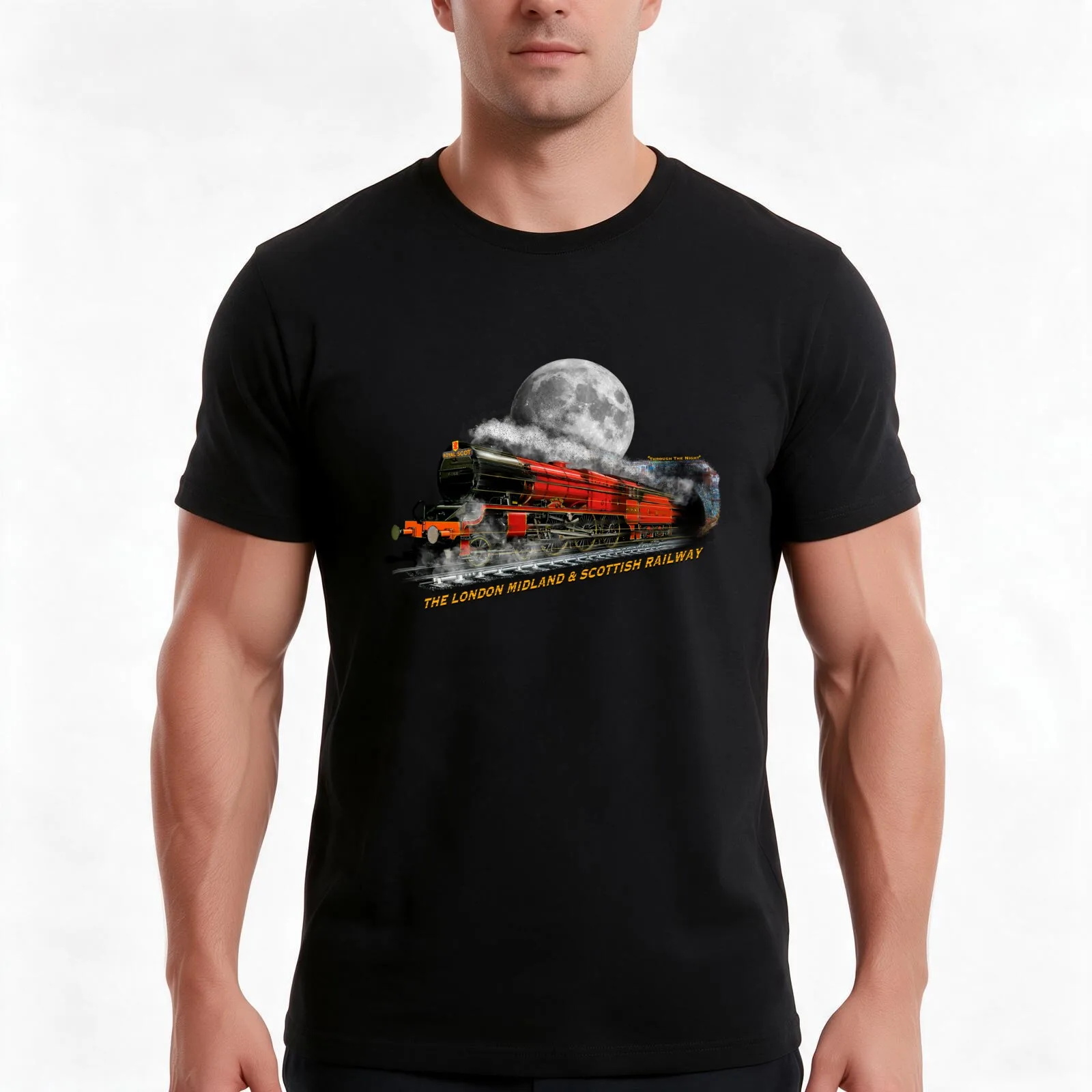 The Legendary Royal Scot Steam Train Through The Night by Motormaniac T-Shirt, Summer Casual Cotton Tee, Vintage Graphic Print