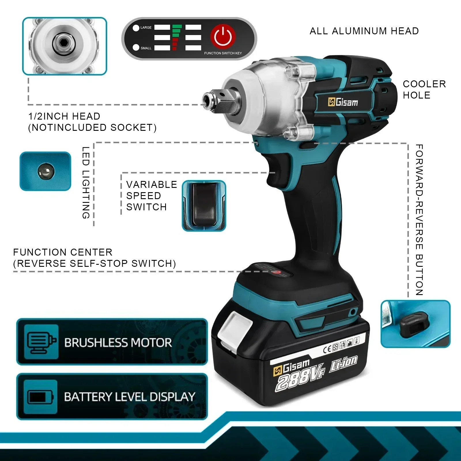 Gami-llave de impacto eléctrica sin escobillas, 520n.M, 1/2 pulgadas, batería de iones de litio para reparación de automóviles, Compatible con batería Makita de 18v