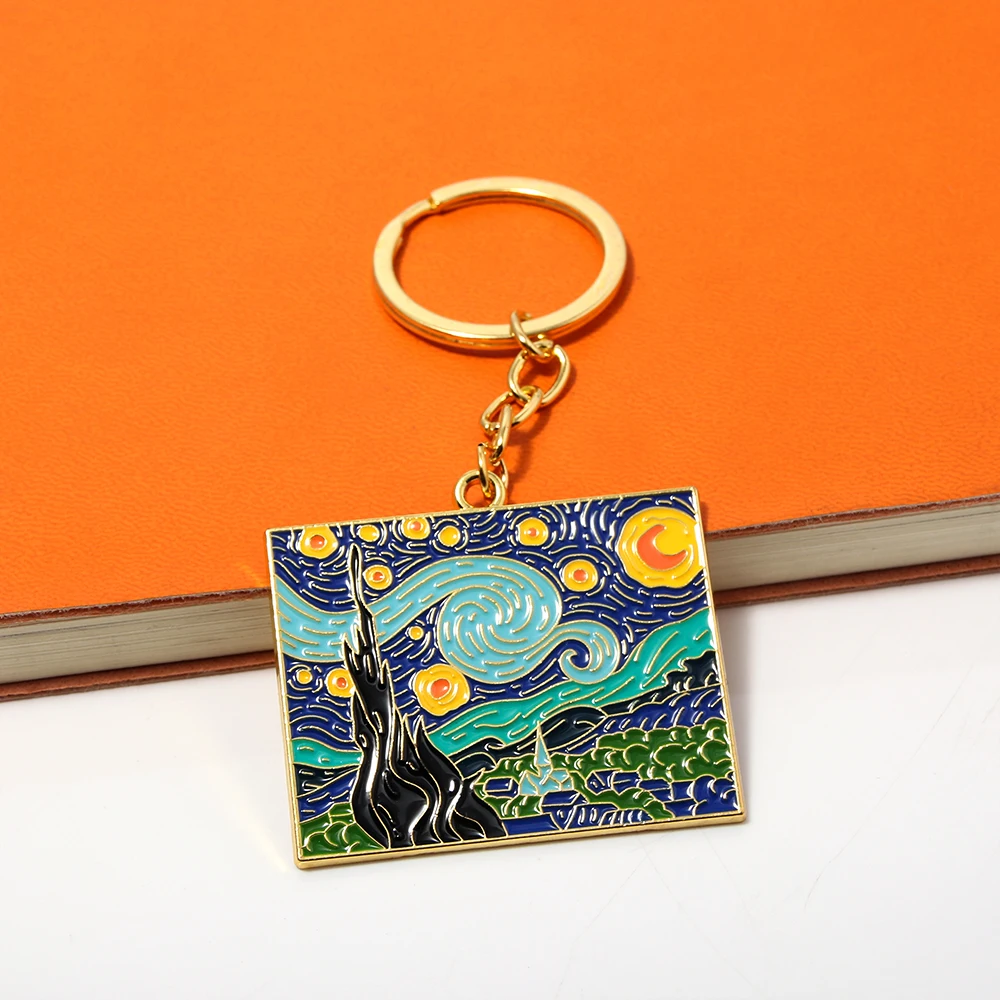 The Starry Night Oil Painting Keychain Badge Van Gogh Art Collection Keyring for Women Men Car Backpack Jewelry Accessories Gift