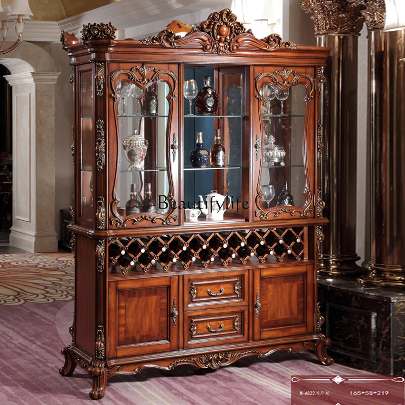 American rural solid wood wine cabinet carved partition European luxury glass display cabinet