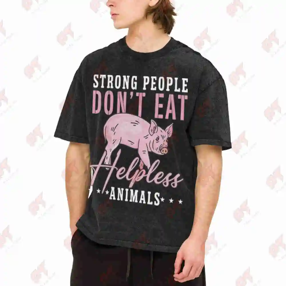 Vegan Strong Don't Eat Animals Vintage Washed Tee Pure Cotton T-Shirt