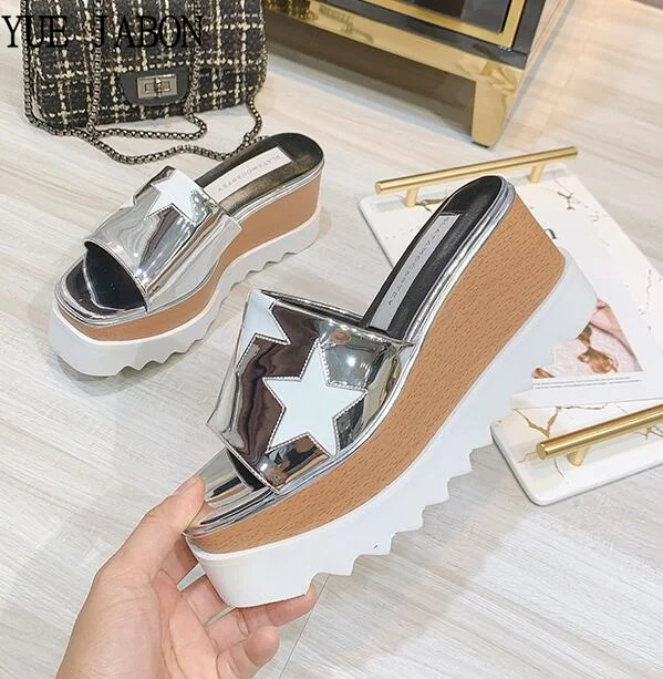 

Thick Sole Slippers Silver Women Sandals Platform Women Stars 2024 Summer Sandals Indoor Outdoor Real Leather Beach Shoes Female