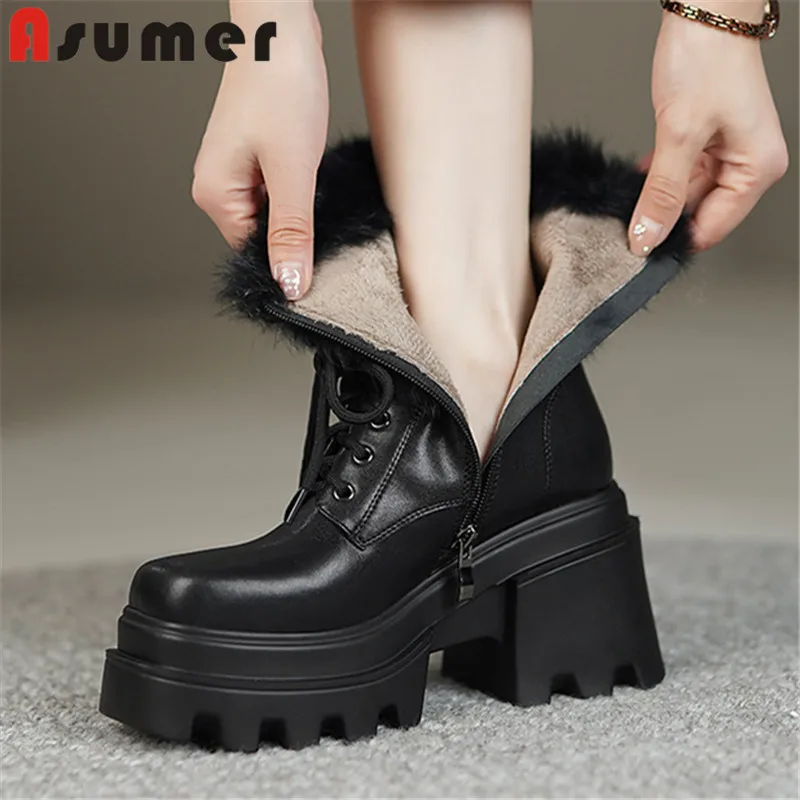 

ASUMER 2024 New Genuine Leather Platform Women Boots Thick High Heels Shoes Zipper Autumn Winter Ladies Ankle Boots