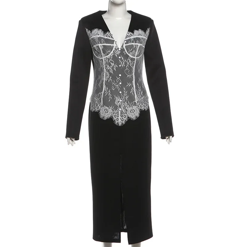 

Women Fashion Elegant Lace Patchwork Blazer Maxi Dress Sexy V Neck Full Sleeve Single Breasted Split Office Lady Party Long Robe