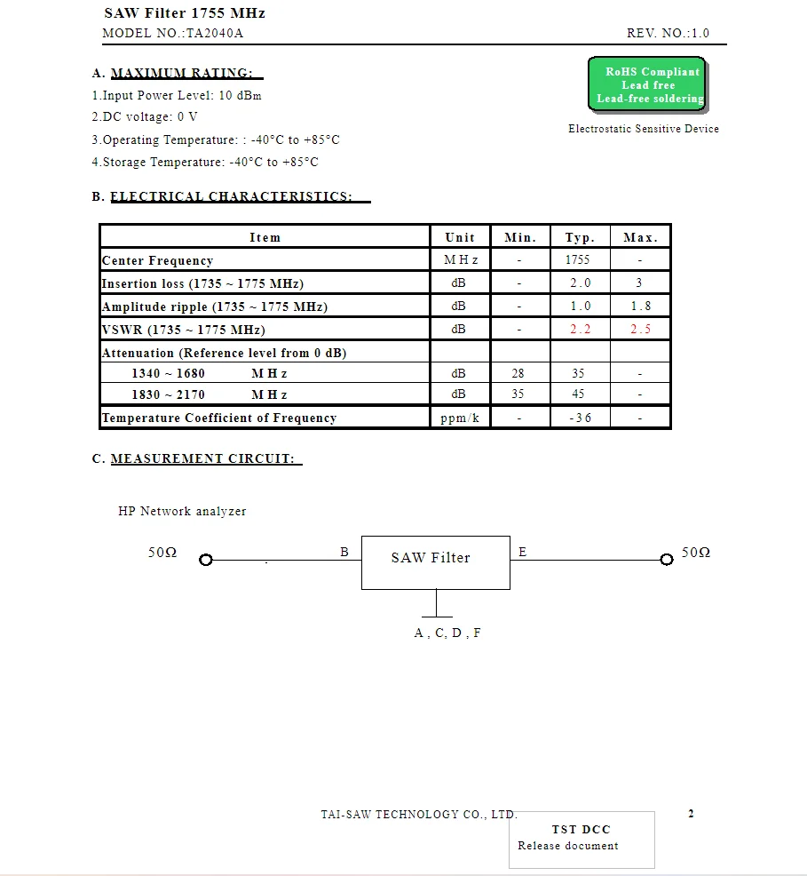 (10PCS) TA2040A 코드 Eg 새로운 정품 1755MHz 패키지 SMD SAW 필터 재고 있음