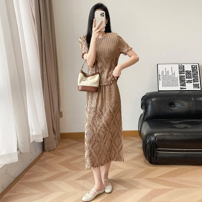 

Miyake Pleated Suit for Women Summer Beaded Jacquard Elegant and Luxurious Casual Fashion High-end Two-piece Long Dress Pleat