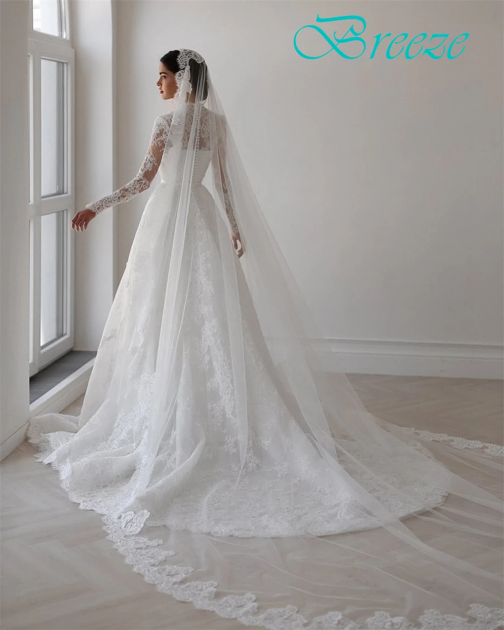 Aangepaste elegante witte kanten trouwjurk formele v-hals lange mouwen bruidsjurken dromerige a-lijn rechter trein vestido de novia