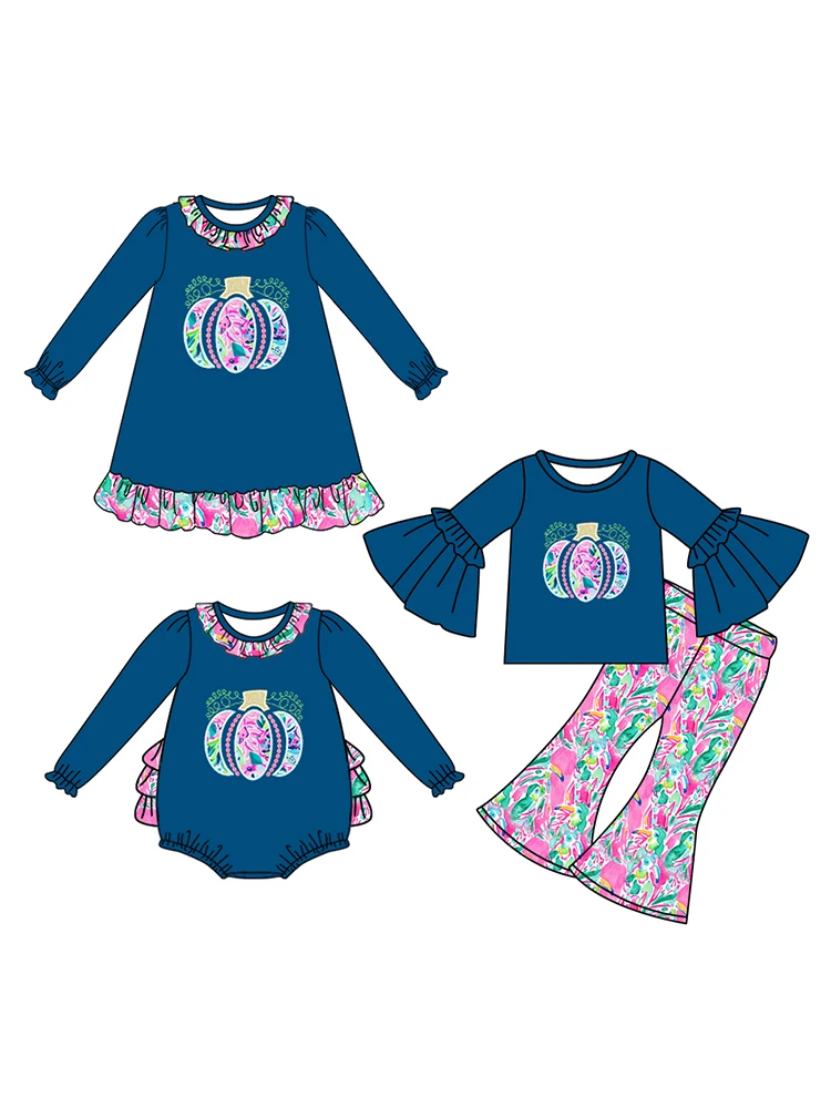 Kids Toddler Thanksgiving Outfit Long Sleeves Floral Pumpkin Baby Romper with Ruffle Paisley Pants for Girls Wholesale Children