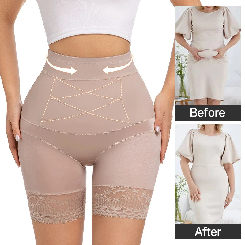 Lace Safety Shorts for Women High Waist Tummy Control Body Shaper Panty Belly Compression Boxers Thighs Cross Shapewear Panties