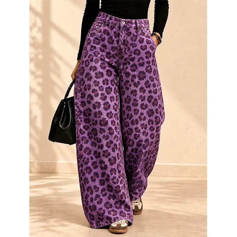 Purple Leopard Print Wide Leg Denim Pants for Women 2026 Autumn High Waist Baggy Jeans Vintage Loose Streetwear Trousers