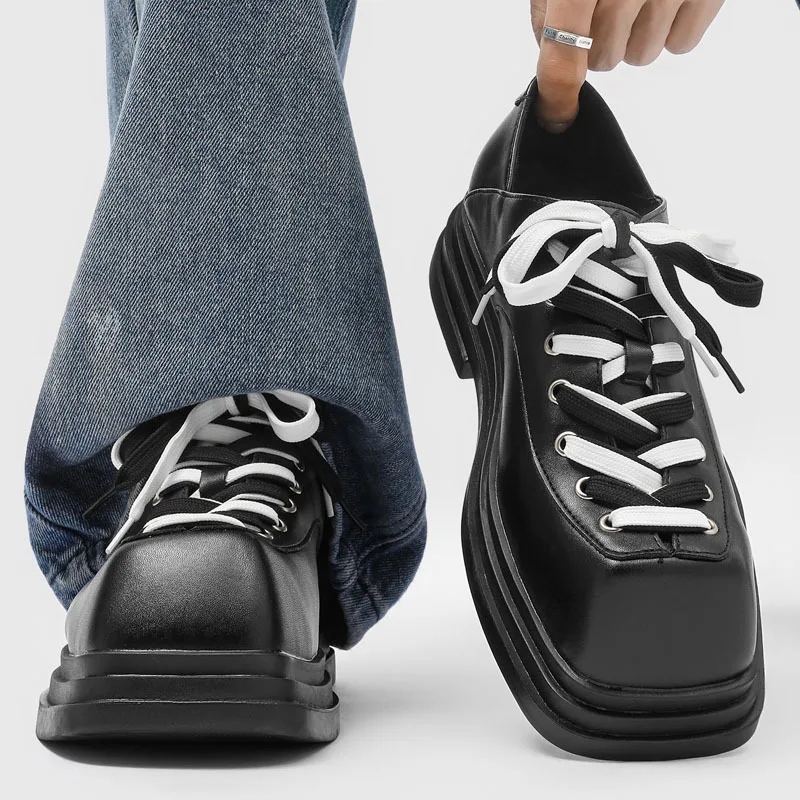 

Men's Derby Shoes Thick Bottom Lace-Up Youth Black White British Style Formal Shoes Casual Lightweight Ultra-Leather