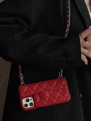 Luxury Lambskin Leather Card Holder Crossbody Long Chain Bags Red Phone Case Cover For iPhone 17 Air 16 15 14 13 12 Pro Max