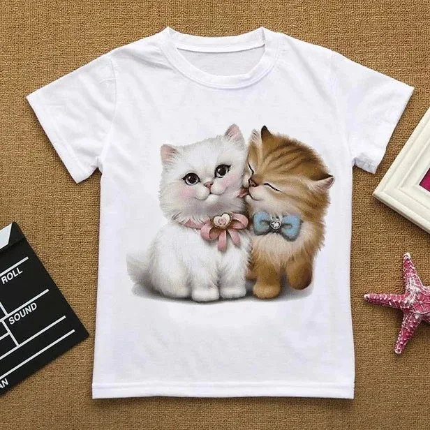 Love You Things for Girls Clothes for Boy T Shirt Kids Cat CartoonsTShirt Baby Flowers Summer Clothes Boy White Short Sleeve Top