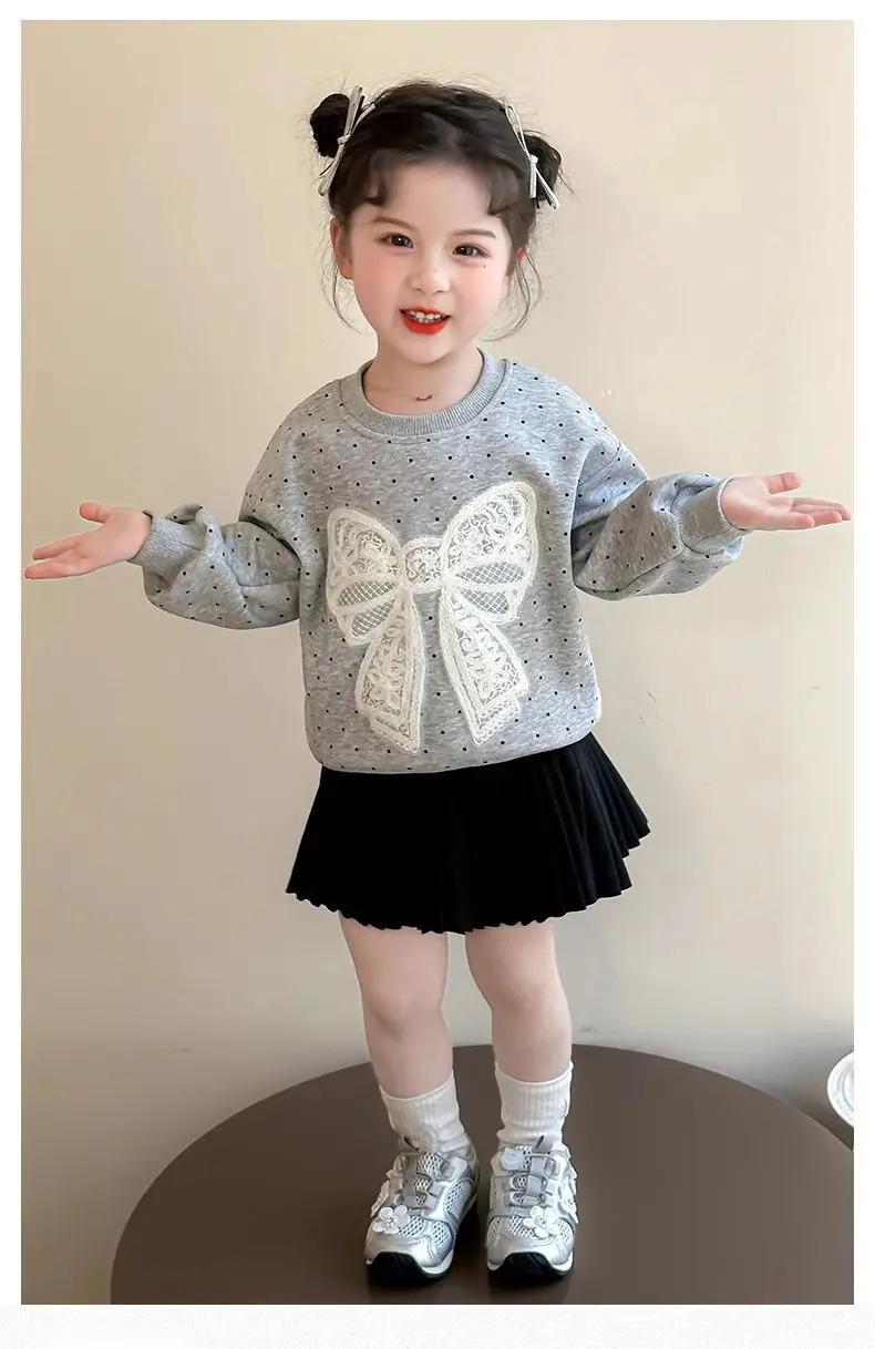 Kleinkind Mädchen Sweatshirt mit Großer Spitze und Schleife Lässiger Baumwoll-Pullover mit Punkten für Kleinkinder Rundhals Langarm Oberteil Kinderkleidung – Detail 11