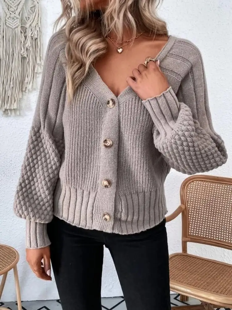 Women\'s autumn and winter V-neck solid color long sleeve cardigan texture knit cardigan button sweater coat