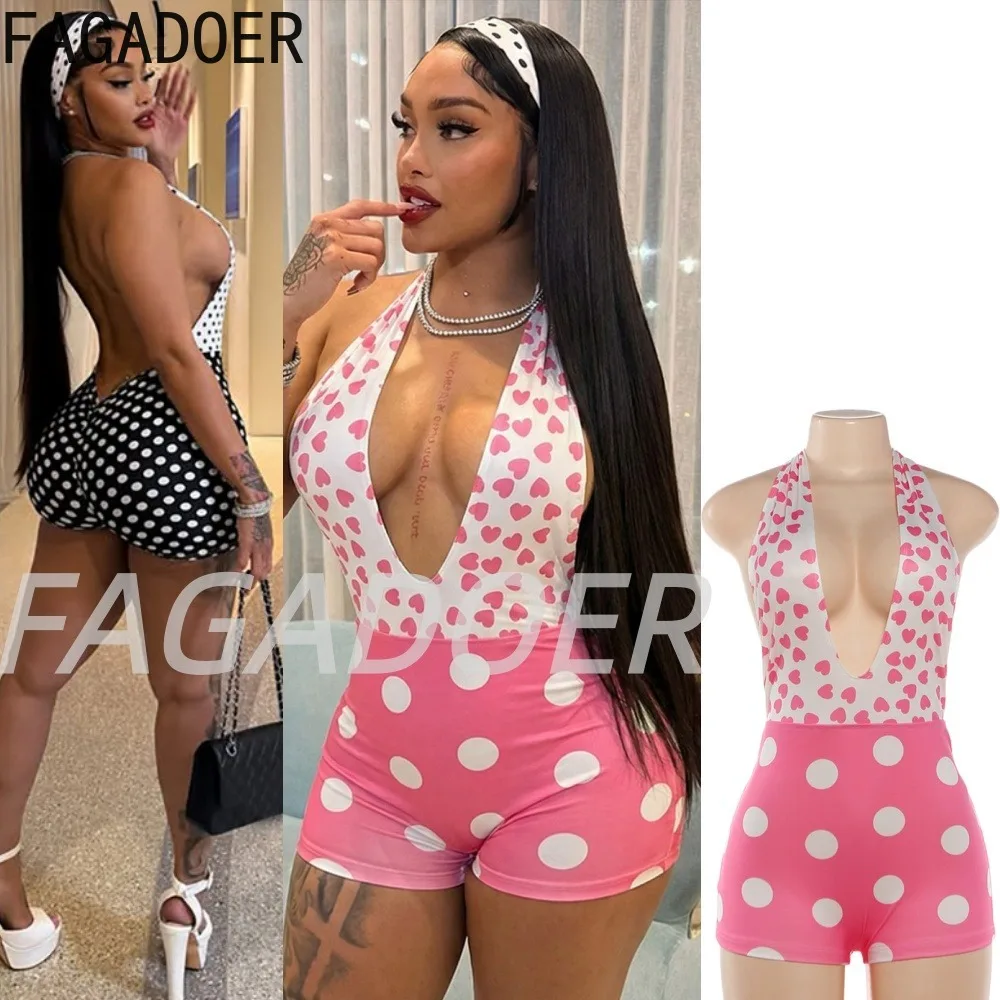 

Новинка! Сексуальный розовый комбинезон в горошек в стиле Y2K от FAGADOER: глубокий V-образный вырез, открытая спина, цветные вставки, облегающий крой, уличный стиль для женщин.