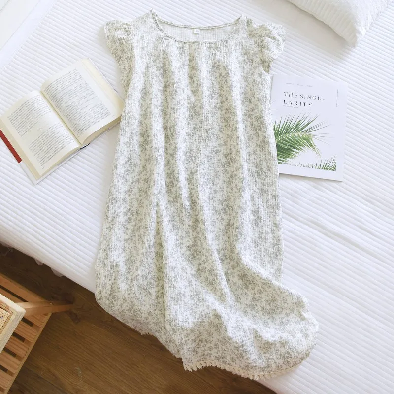 

2026 New Women's Summer Sleeping Skirt 100% Cotton Crepe Thin Loose Large Short Sleeve Tassel Long Skirt sleepwear women