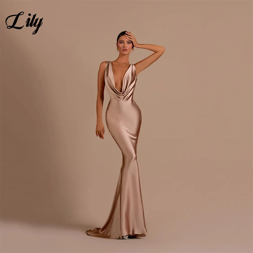 Lily Deep V Neck Mermaid Evening Dresses For Women Stain Backless Prom Gown Tank Sleeveless robe soirée Sweep Train Formal Dress