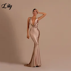 Lily Deep V Neck Mermaid Evening Dresses For Women Stain Backless Prom Gown Tank Sleeveless robe soirée Sweep Train Formal Dress