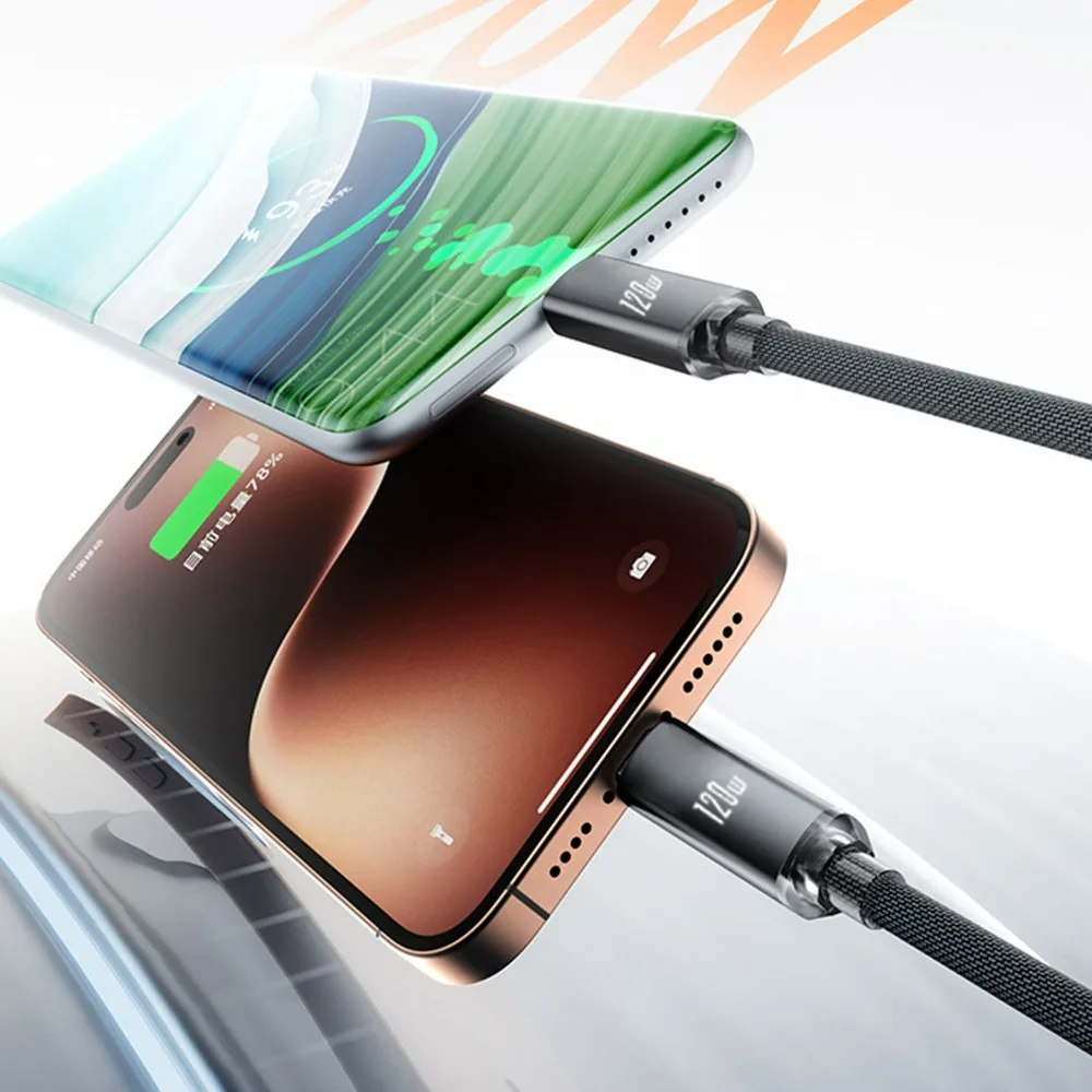 120 واط سيارة الربيع كابل بيانات قابل للسحب USB C إلى نوع C كابل شحن سريع آيفون 17 16 15 سامسونج المزدوج نوع C كابل 1 متر 2 متر