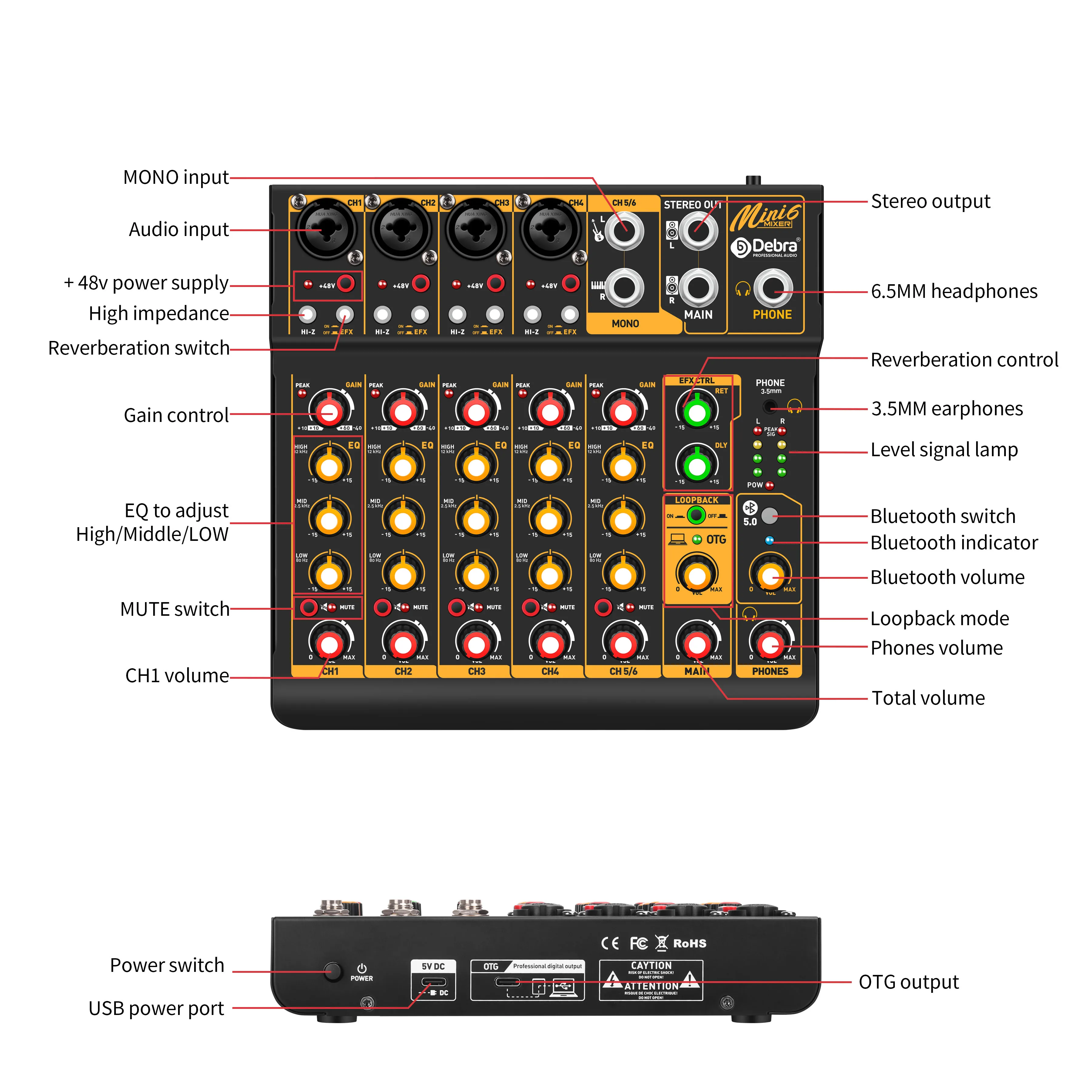 Mini6 Professional 6-Channel Audio Mixer With Bluetooth Effect USB Switch For Karaoke Stage KTV Sound Cards & DJ Mixers