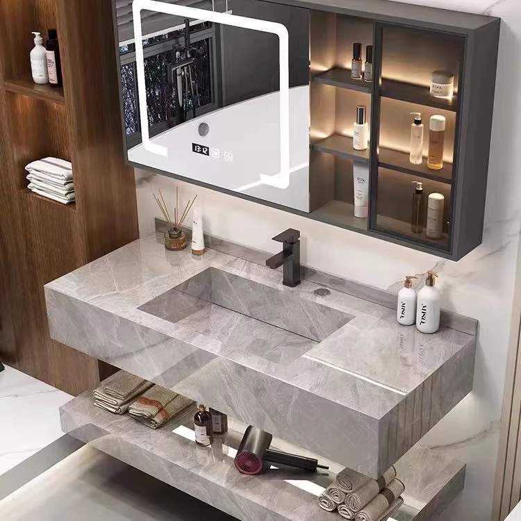 

Роскошный современный комплект мебели для ванной комнаты из нержавеющей стали: тумба с раковиной, столешница, подвесная тумба для виллы с раковиной.