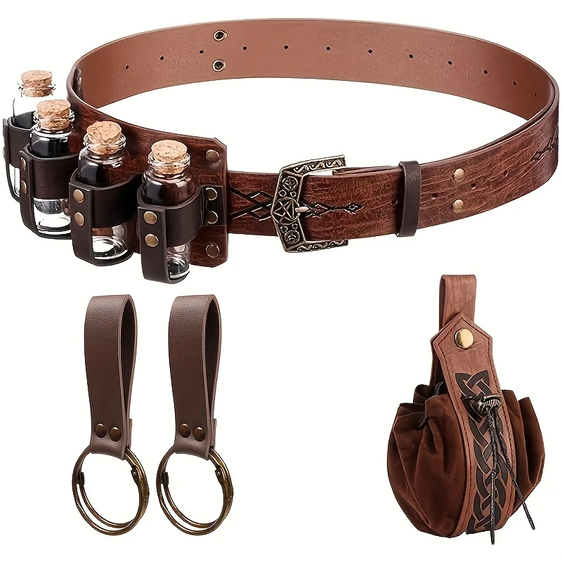 مجموعة حزام من الجلد الاصطناعي الفايكنج من القرون الوسطى مكونة من 5 قطع مع زجاجة جرعة، محفظة عملات معدنية عصرية محمولة على الطراز الاسكندنافي، ملحقات حقيبة خصر لتسلق الجبال، مناسبة لعيد الشكر وعيد الميلاد وعطلات الهالوين