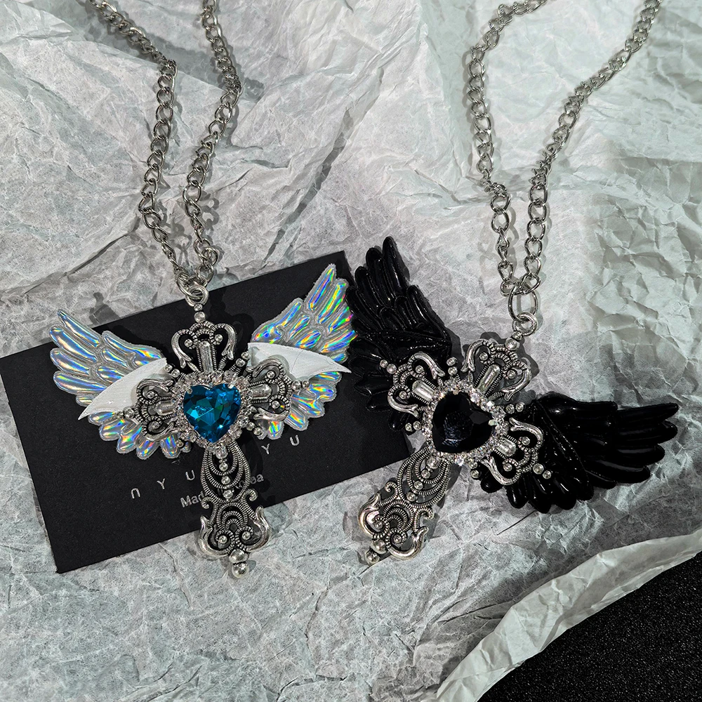 Y2K Gothic Angel Wing Heart Pendant Necklace Silver Tone Holographic & Black Wing Cross Necklaces for Women Punk Jewelry