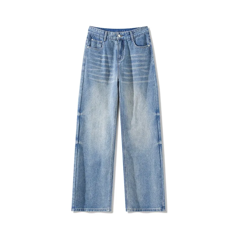 OIQERE Mens American Washed Curved Cut Jeans 2026 New Loose Wide Fit Casual Streetwear Denim Long Trousers