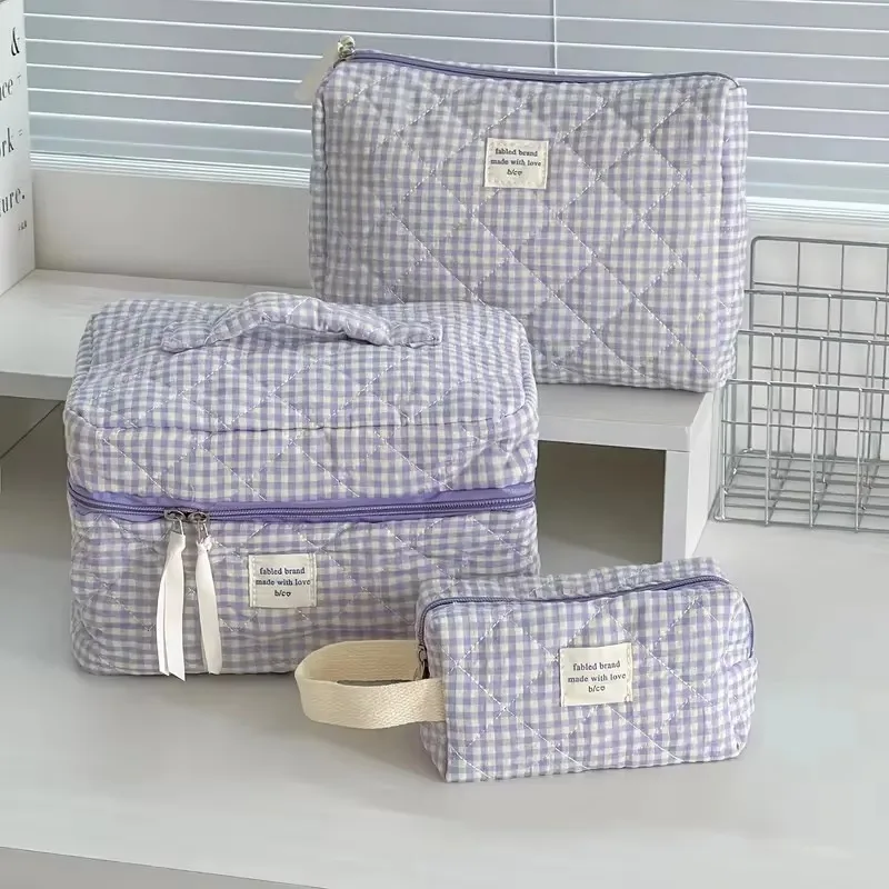 Women Large Capacity Checkered Cosmetic Bag Girls Cotton Skincare Brushes Storage Bag Portable Travel Toiletry Bag Makeup Bag