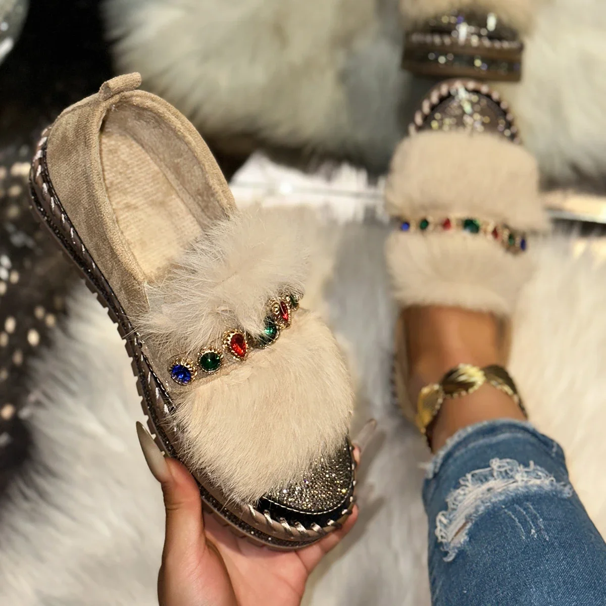 

Women Sneakers Slip-on Thick Botton Casual Sneakers Ladies Shining Rhinestone Loafers Crystal Platform Sports Shoes Female