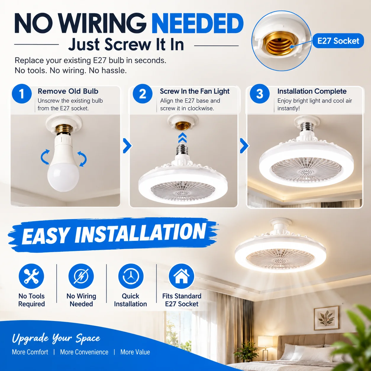 3in1 Rotatable Ceiling Fan E27 Converter Base Remote Control for Bedroom & Living Room Lighting & Ventilation System