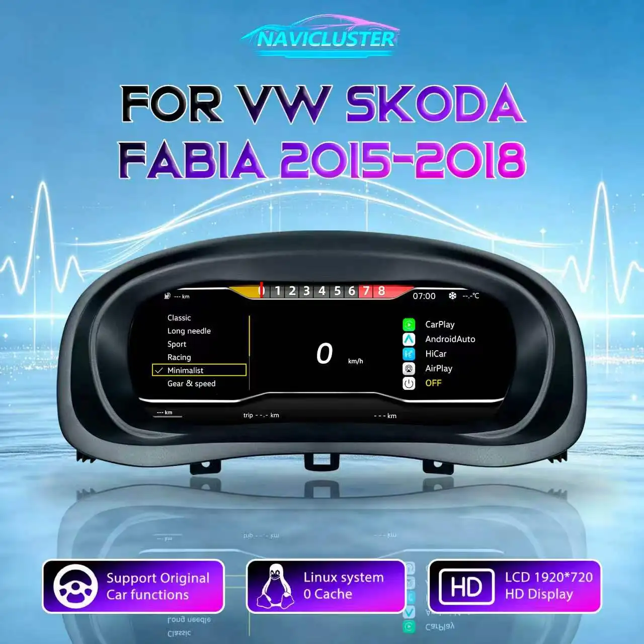 HD-Bildschirm 1920*720 Tachometer Linux LCD Digitales Dashboard für VW Skoda Fabia 2015 16 17 18 Jahre Cluster Auto Instrumententafel Cockpit