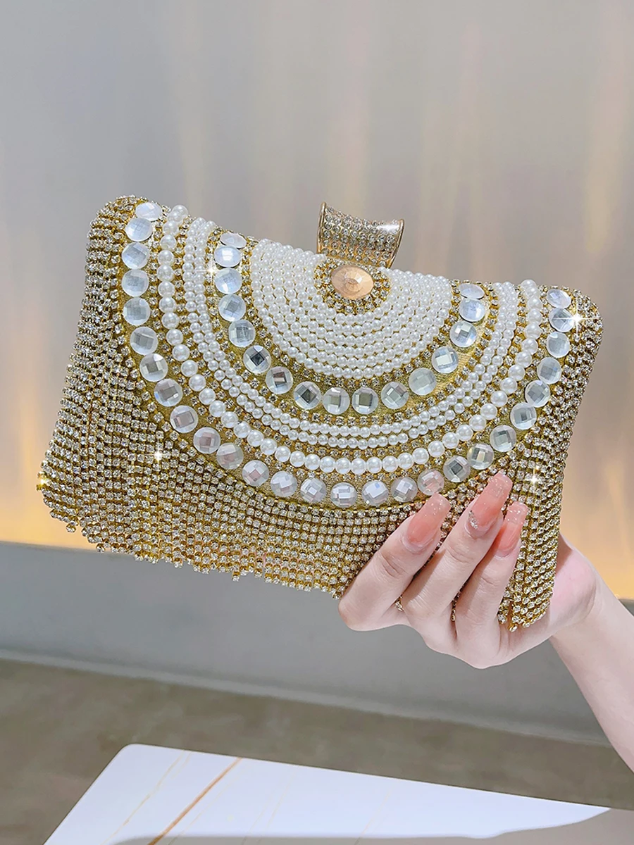 Luxury Rhinestone Fringe Upscale Portable Dinner Bag Crystal Jewelry Purse Glitter Clutch Gold Silver Black