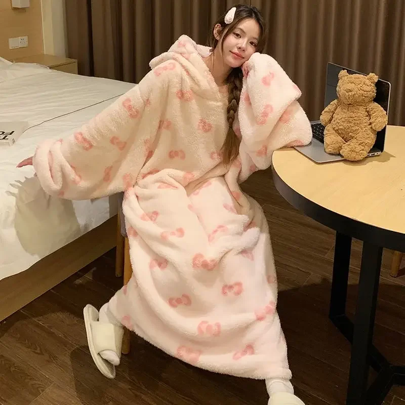 Winter Hooded Pajama Women's Coral Fleece Thicken Korean Bow Pink Robe Flannel Party Costume Warm Soft Home Clothes Girls Gifts