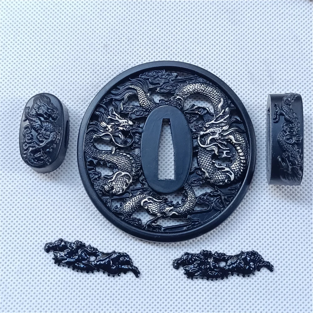 A Set Black Alloy Shuanglong Tsuba FuchI Kashira Fittings For Japanese Samurai Katana Sword Wakizashi Tanto Sword Katana