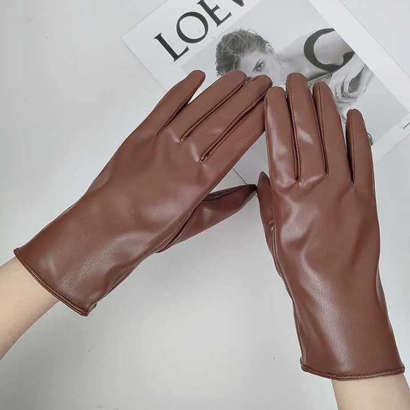 Winter Women PU Leather Plus Plush Thick Velvet Warm Driving Waterproof Glove Female Solid Sport Cycling Windproof Mitten O86