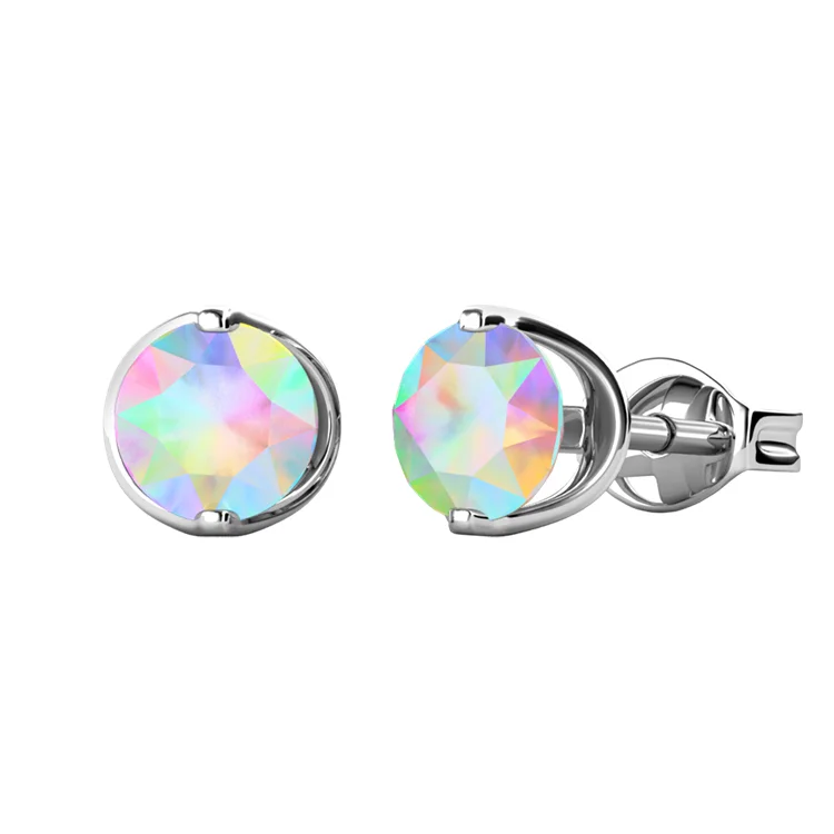 Daisini Round Stud Earrings for Women, Aurora Borealis Swarovski Crystals, 18K Rose Gold Plated, Dainty Jewelry Gift
