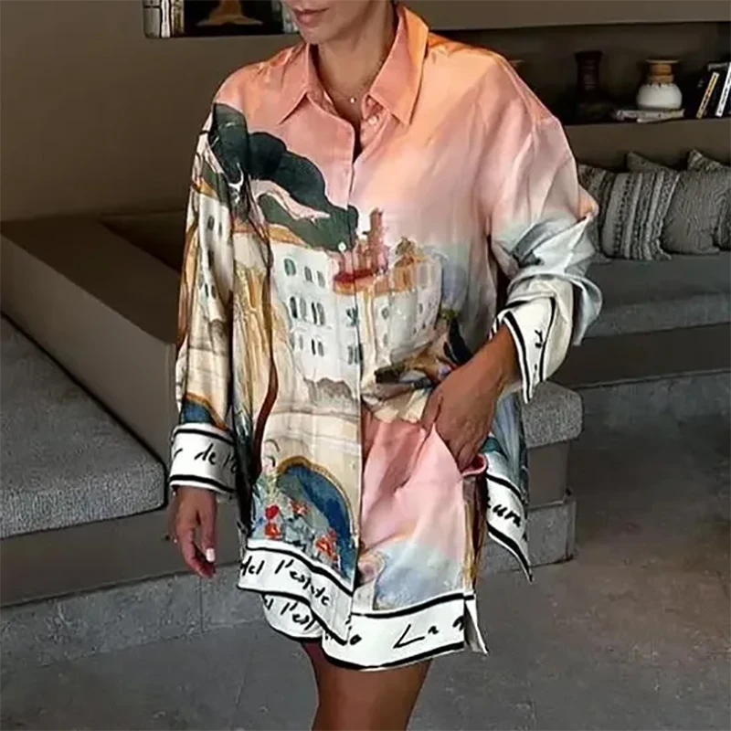 

Fashion Single Breasted Outfits Casual Pattern Print Long Sleeve Shirt & Shorts Suits Elegant Loose Commute Two Piece Women Sets
