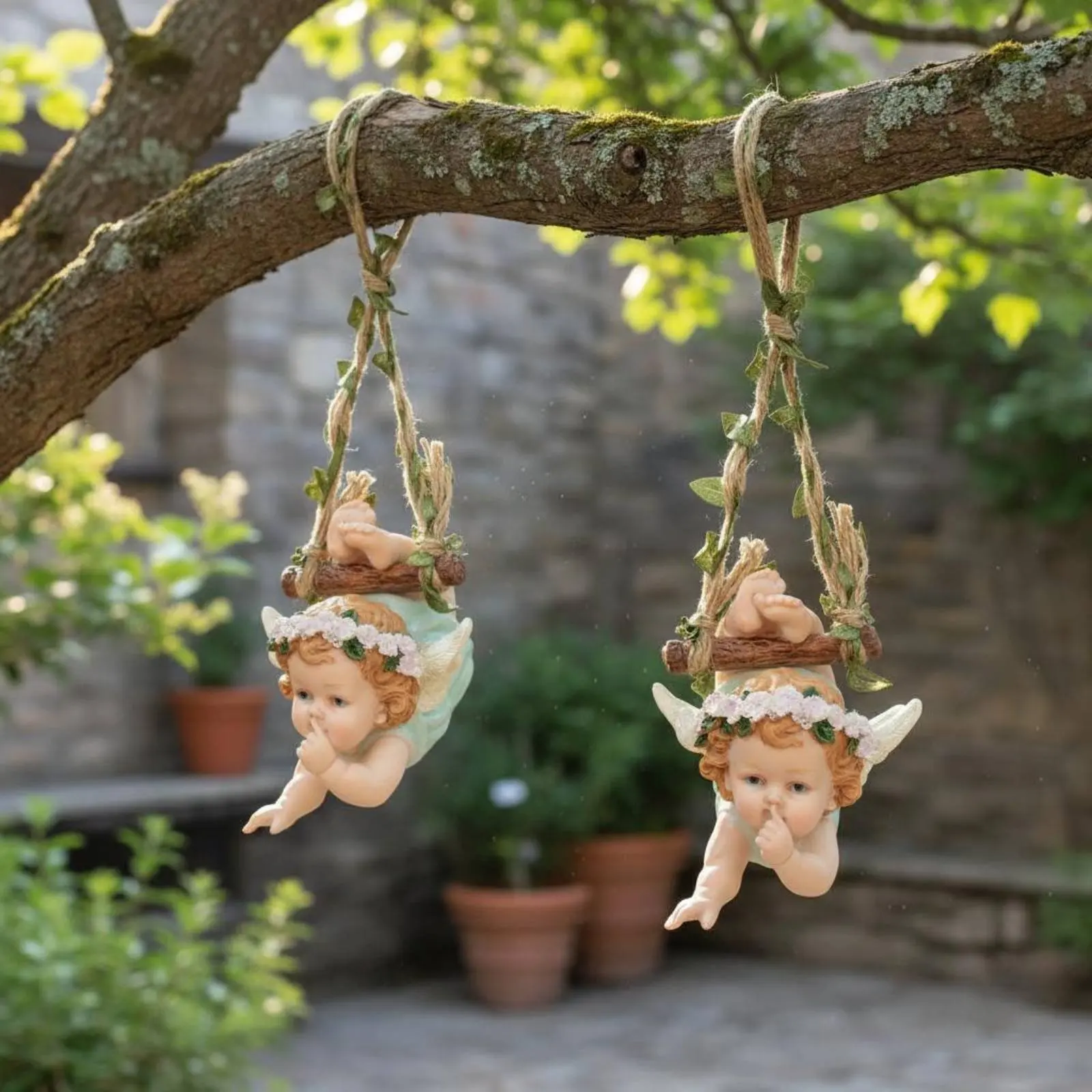 Garden Swing Cherub Intricate Features Fairy on a Swing Sculpture Hanging Cherub Figurine Elegant Workmanship for Patio, Balcony