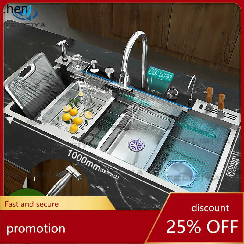 

H1 Stainless Steel Kitchen Sink Multifunctional Digital Display Waterfall Large Single Slot With Rack For Knife Wash Dish Basin