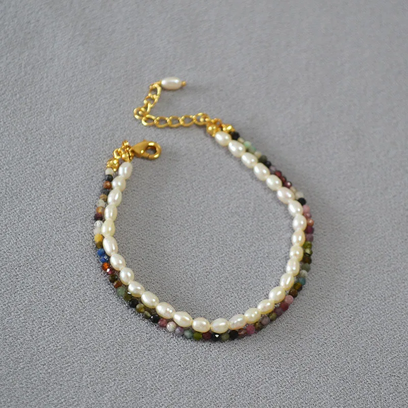 بيان جديد اليابانية والكورية لؤلؤ المياه العذبة الطازجة لؤلؤ المياه العذبة اللون التورمالين الحجر الحقيقي مطرز طبقة مزدوجة مكدسة سوار