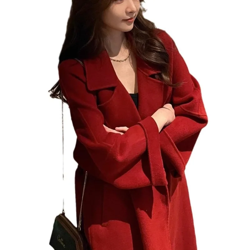 

Red Elegant Women's Coats Winter 2024 Double-sided Wool Coats and Blends Long Tweed Coat with Belt Fashion Warm Women's Clothing