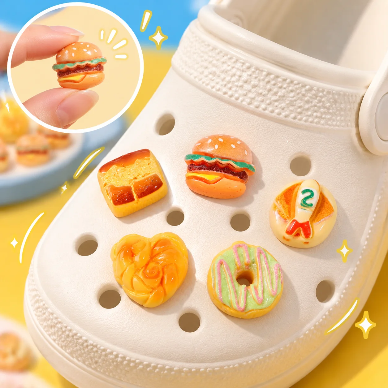 20pcs Mixed Cartoon Bread Resin Shoe Charms - 3D Food Charms for Clogs & Beach Bags