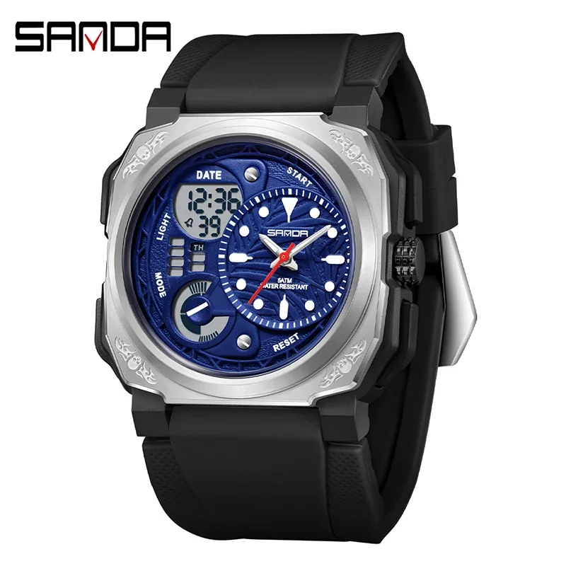 

SANDA SD5101 Модные мужские электронные часы Водонепроницаемые противоударные спортивные цифровые часы со светящимся календарем для мужчин