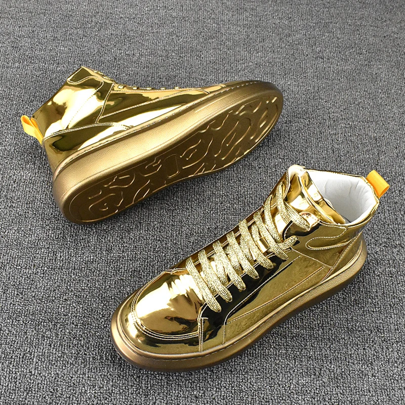 2024 Men\'s High Top Sports Shoes Fashion Shiny Leather Gold Silver Luxury Skateboard light soft Boots Sneaker high-quality