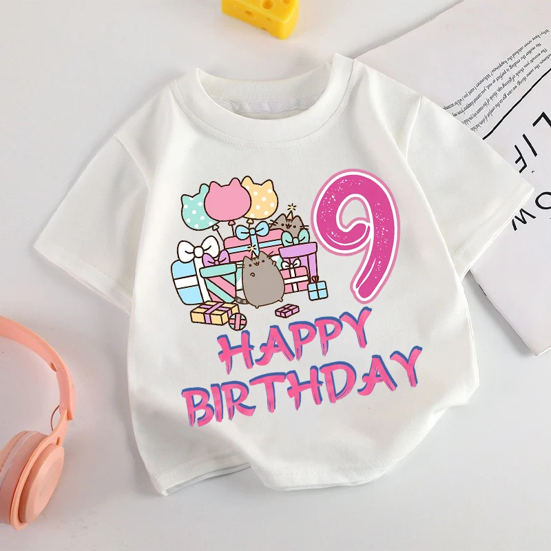 

Cute Pusheens T-shirt Kids Birthday Digit 1-10 Tees Children Summer Cotton Tops Fashion Short Sleeve Anime Girls Clothes Gift