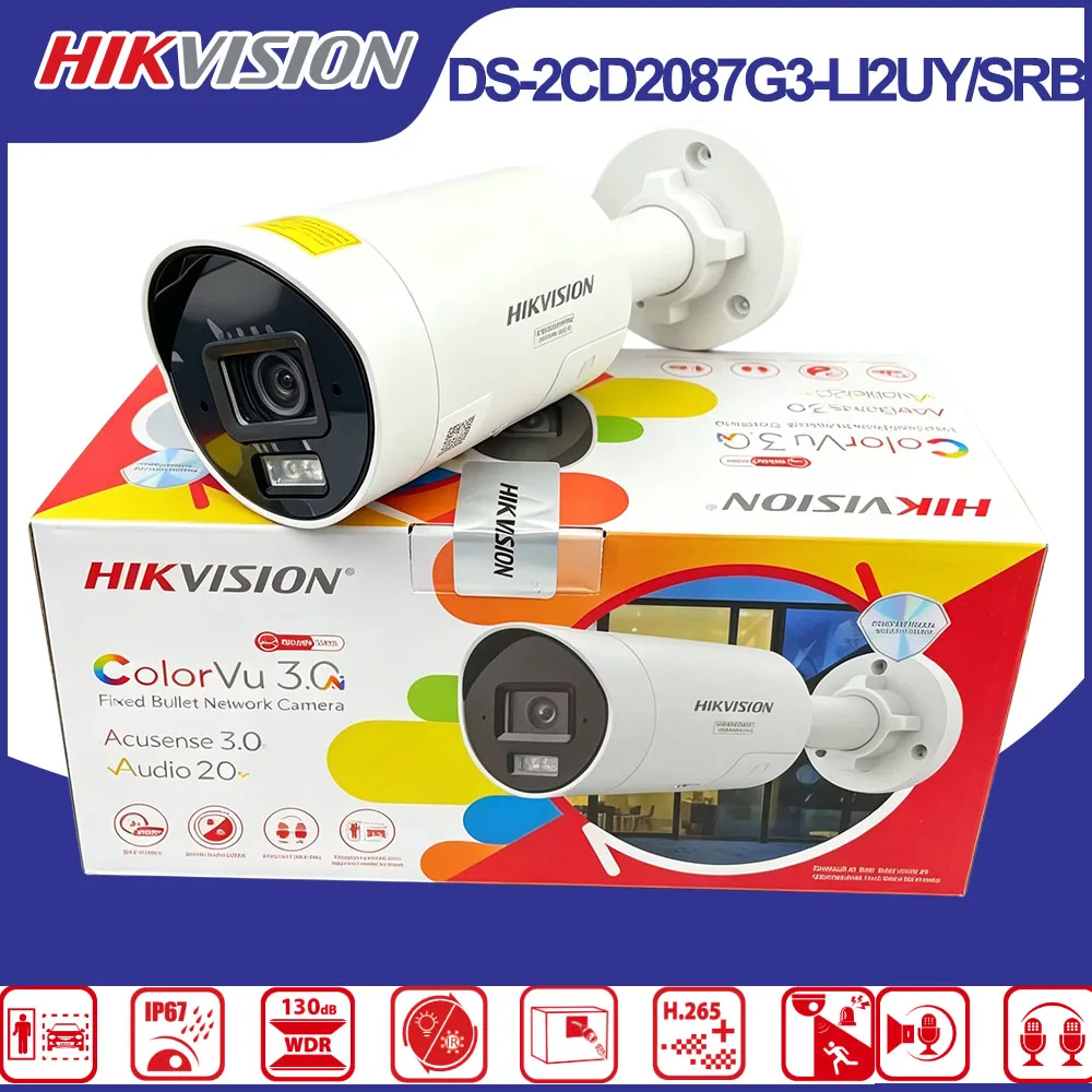 Hikvision DS-2CD2087G3-LI2UY/SRB 8MP ColorVu Bullet IP Camera 130dB WDR H.265+ Two-Way Audio Human Vehicle Detection IP67 PoE