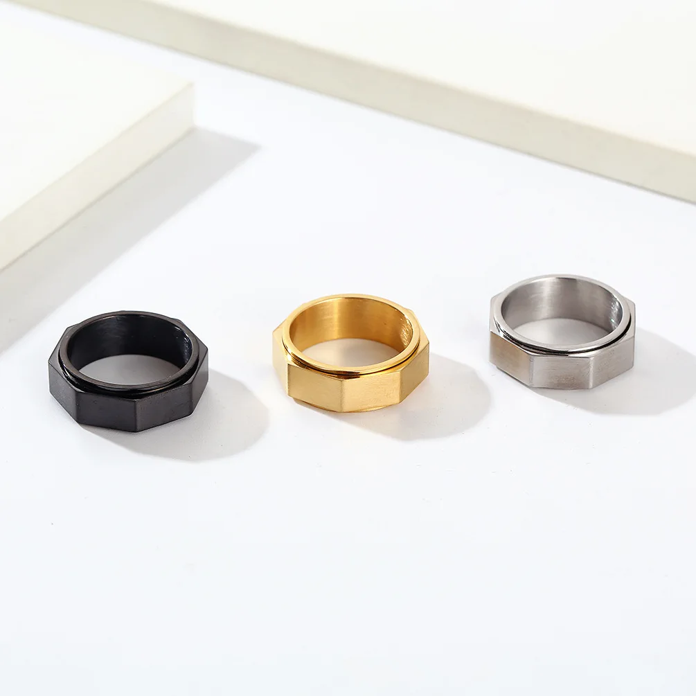 Titanium Stainless Steel Relieving Anxiety Ring for Men Octagon Spinner Nut Shape Ring Stress Relief Wedding Band Ring
