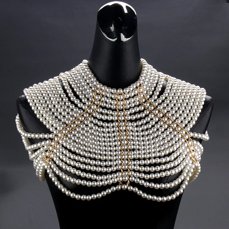 Fashion Personalized Multi-layer Pearl Necklace European Style Handmade Beaded Shoulder Chain Accessories Shawl Cothing Chain